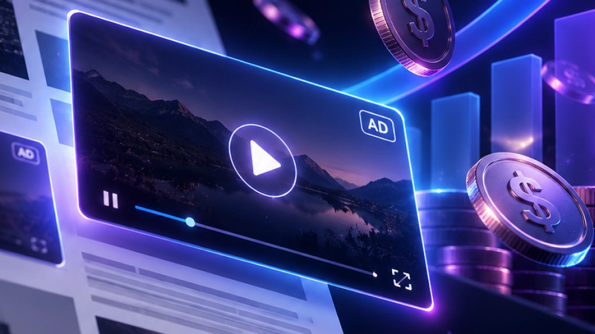 Anúncio em vídeo outstream entre os textos de um portal, com moedas e gráfico de receita